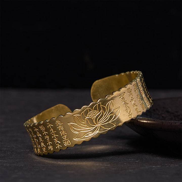 Buddha Stones Cuore Sutra Fiore di Loto Rame Ottone Pace Illuminazione Braccialetto Polsino