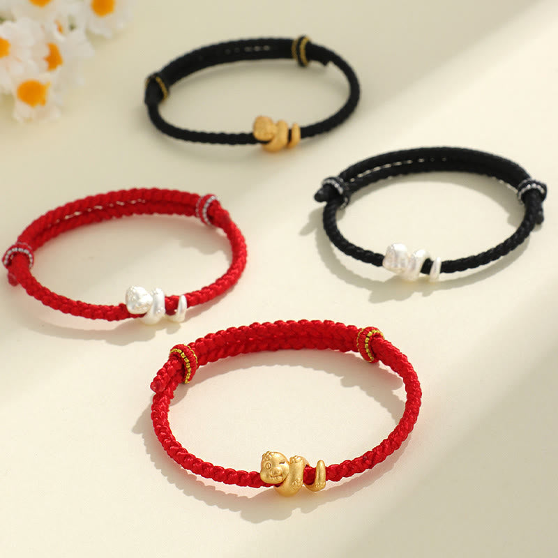 Braccialetto intrecciato con corda rossa dell'anno del serpente in argento sterling 999 fatto a mano Buddha Stones