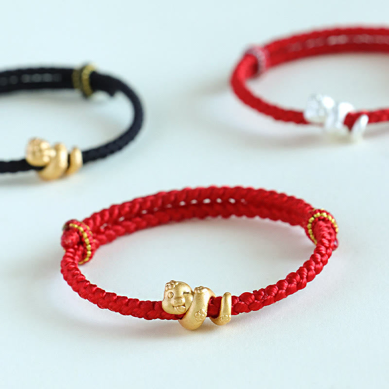 Braccialetto intrecciato con corda rossa dell'anno del serpente in argento sterling 999 fatto a mano Buddha Stones