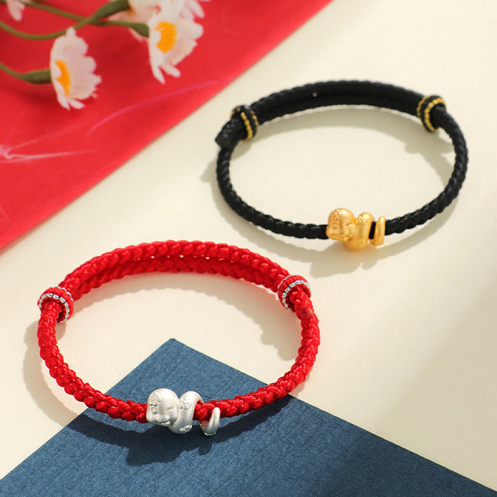 Braccialetto intrecciato con corda rossa dell'anno del serpente in argento sterling 999 fatto a mano Buddha Stones