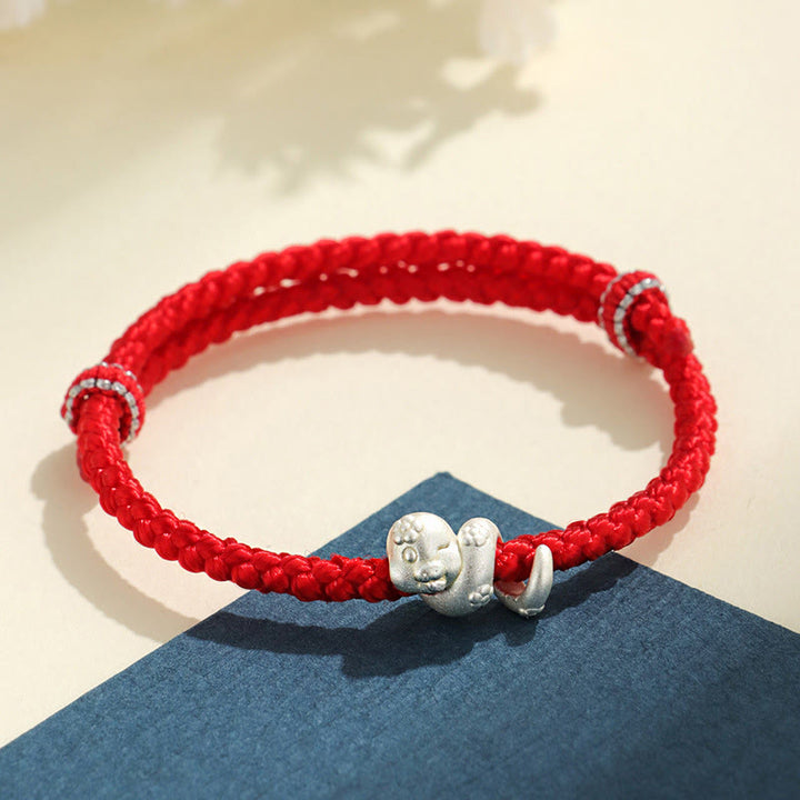 Braccialetto intrecciato con corda rossa dell'anno del serpente in argento sterling 999 fatto a mano Buddha Stones