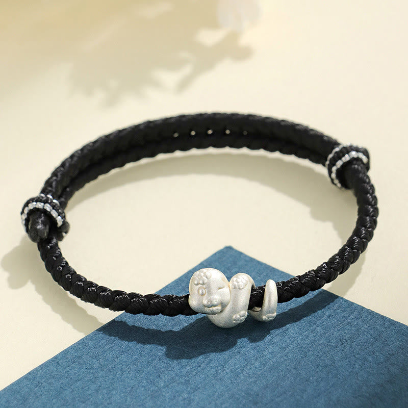 Braccialetto intrecciato con corda rossa dell'anno del serpente in argento sterling 999 fatto a mano Buddha Stones