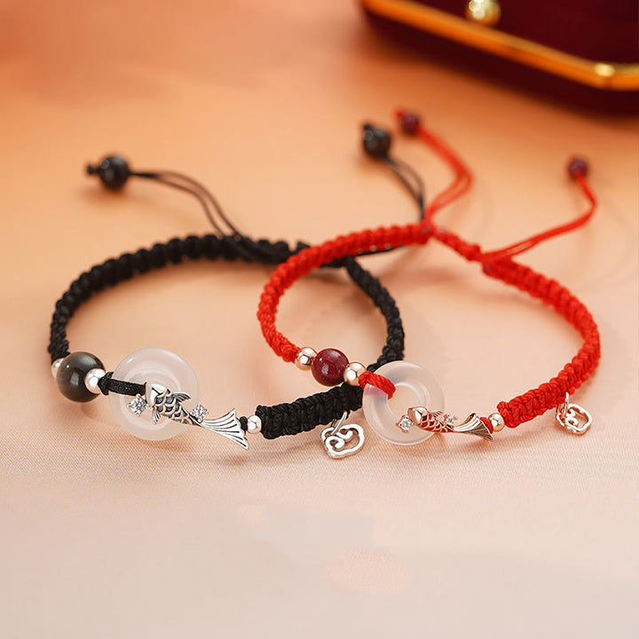 Braccialetto di coppia positivo in argento sterling 925 con fibbia della pace in calcedonio fatto a mano con Buddha Stones e pesce koi
