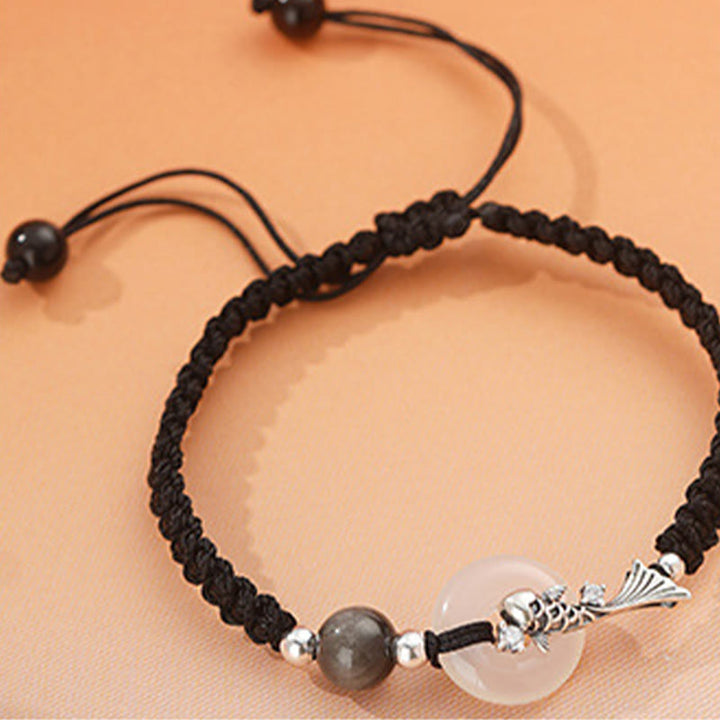 Braccialetto di coppia positivo in argento sterling 925 con fibbia della pace in calcedonio fatto a mano con Buddha Stones e pesce koi