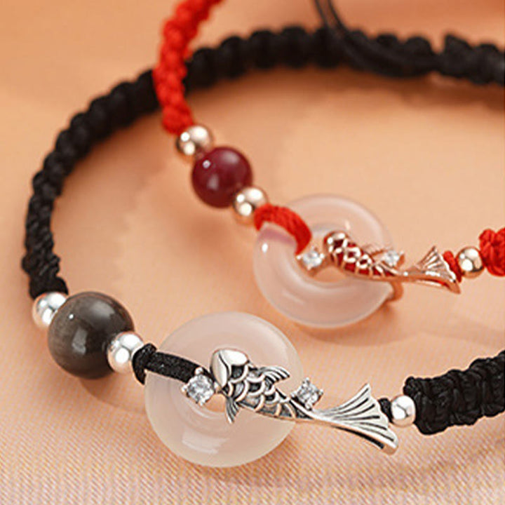 Braccialetto di coppia positivo in argento sterling 925 con fibbia della pace in calcedonio fatto a mano con Buddha Stones e pesce koi