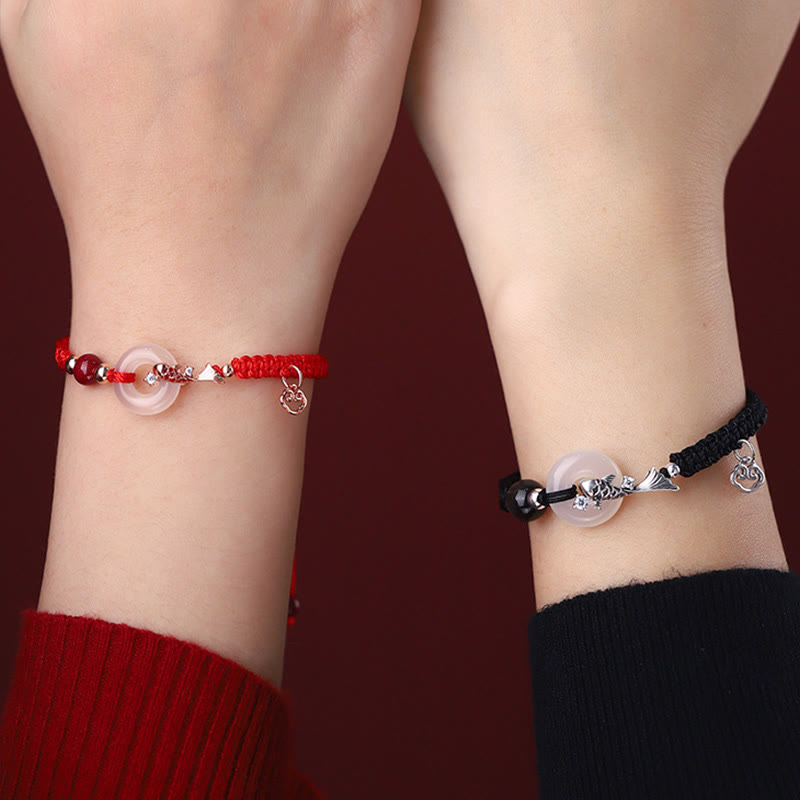 Braccialetto di coppia positivo in argento sterling 925 con fibbia della pace in calcedonio fatto a mano con Buddha Stones e pesce koi