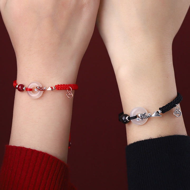 Braccialetto di coppia positivo in argento sterling 925 con fibbia della pace in calcedonio fatto a mano con Buddha Stones e pesce koi