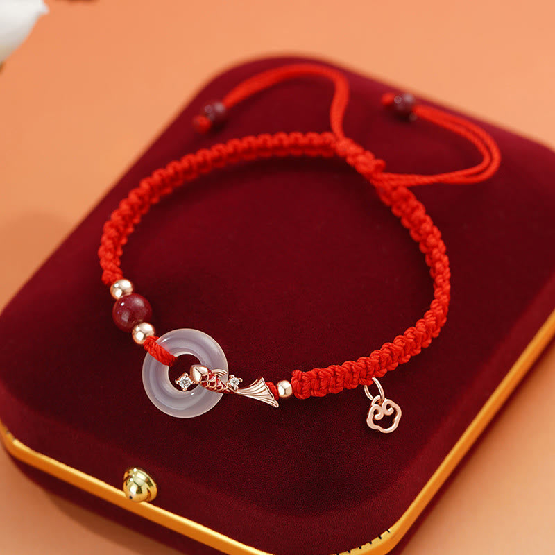 Braccialetto di coppia positivo in argento sterling 925 con fibbia della pace in calcedonio fatto a mano con Buddha Stones e pesce koi - Donna - Calcedonio Argento Sterling 925 Oro Rosa Koi Pesce Rosso (Diametro: 12,5 cm) - image 0