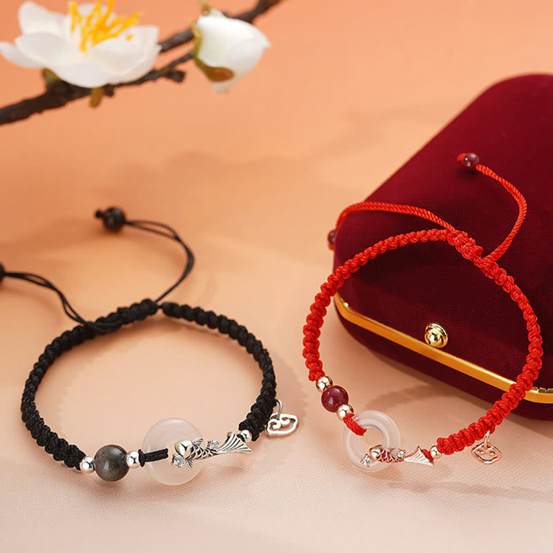 Braccialetto di coppia positivo in argento sterling 925 con fibbia della pace in calcedonio fatto a mano con Buddha Stones e pesce koi