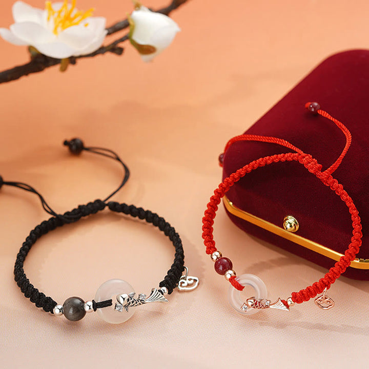 Braccialetto di coppia positivo in argento sterling 925 con fibbia della pace in calcedonio fatto a mano con Buddha Stones e pesce koi