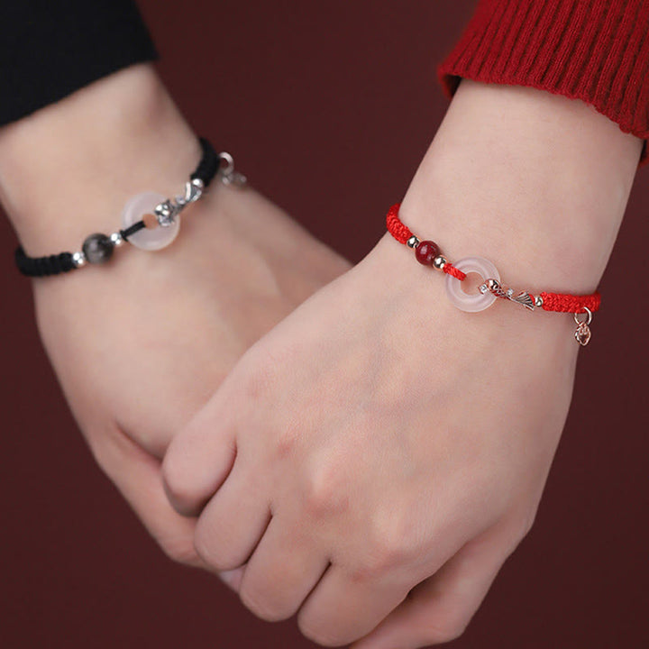 Braccialetto di coppia positivo in argento sterling 925 con fibbia della pace in calcedonio fatto a mano con Buddha Stones e pesce koi