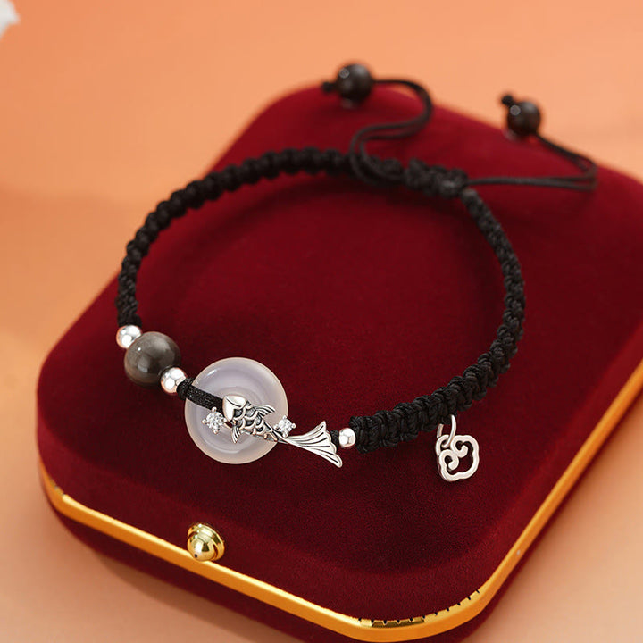 Braccialetto di coppia positivo in argento sterling 925 con fibbia della pace in calcedonio fatto a mano con Buddha Stones e pesce koi