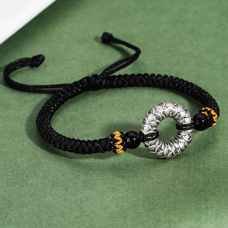 Bracciale intrecciato con corda nera e drago in argento Buddha Stones 999, fatto a mano, in onice nero, con fibbia della pace e portafortuna