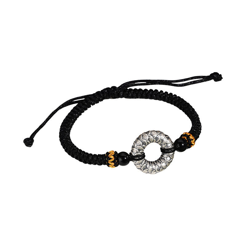 Bracciale intrecciato con corda nera e drago in argento Buddha Stones 999, fatto a mano, in onice nero, con fibbia della pace e portafortuna