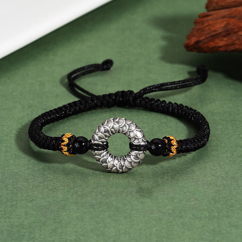 Bracciale intrecciato con corda nera e drago in argento Buddha Stones 999, fatto a mano, in onice nero, con fibbia della pace e portafortuna - Cordino a forma di drago in argento sterling 999 e onice nero (lunghezza: 9 cm) - image 0