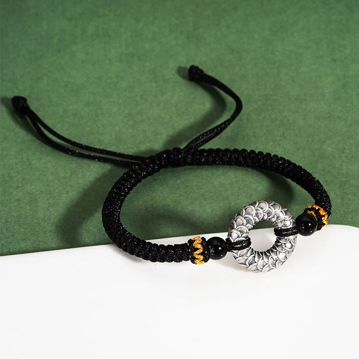 Bracciale intrecciato con corda nera e drago in argento Buddha Stones 999, fatto a mano, in onice nero, con fibbia della pace e portafortuna