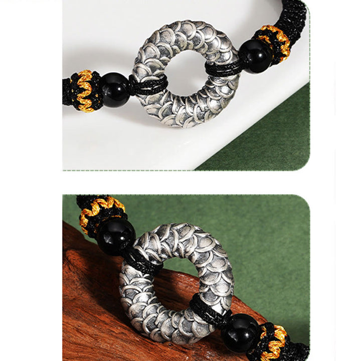 Bracciale intrecciato con corda nera e drago in argento Buddha Stones 999, fatto a mano, in onice nero, con fibbia della pace e portafortuna