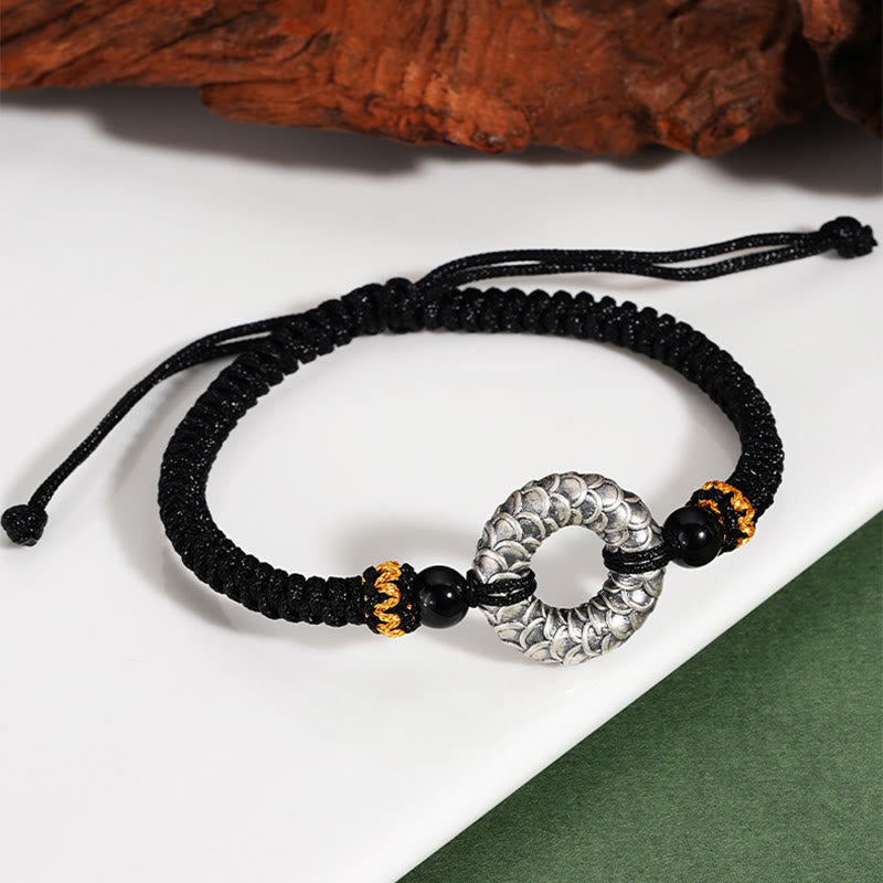 Bracciale intrecciato con corda nera e drago in argento Buddha Stones 999, fatto a mano, in onice nero, con fibbia della pace e portafortuna