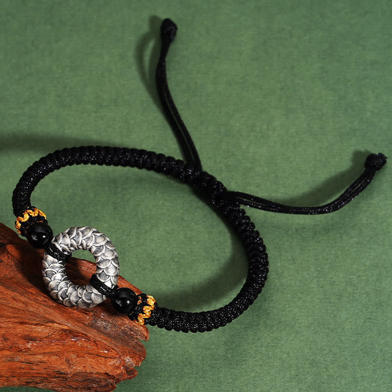 Bracciale intrecciato con corda nera e drago in argento Buddha Stones 999, fatto a mano, in onice nero, con fibbia della pace e portafortuna