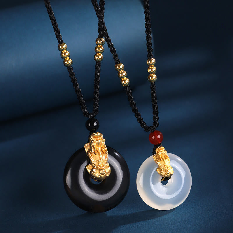 Buddha Stones Onice nero Agata bianca Fibbia della pace Argento Sterling 999 Oro PiXiu Collana con ciondolo della fortuna - image 1