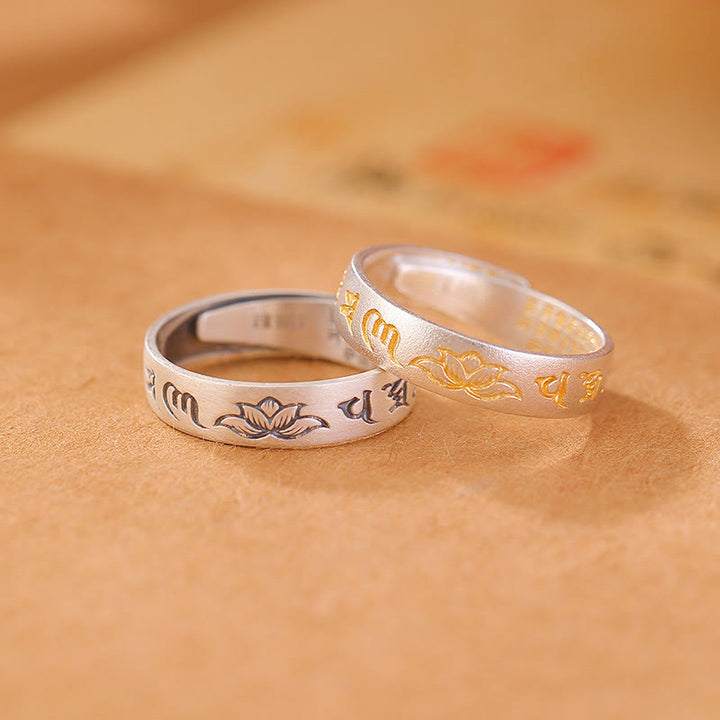 Anello regolabile dell'illuminazione Buddha Stones 999 Sterling Silver Lotus Six True Words 'om Mani Padme Hum'