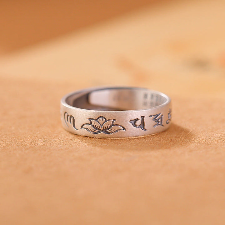 Anello regolabile dell'illuminazione Buddha Stones 999 Sterling Silver Lotus Six True Words 'om Mani Padme Hum'