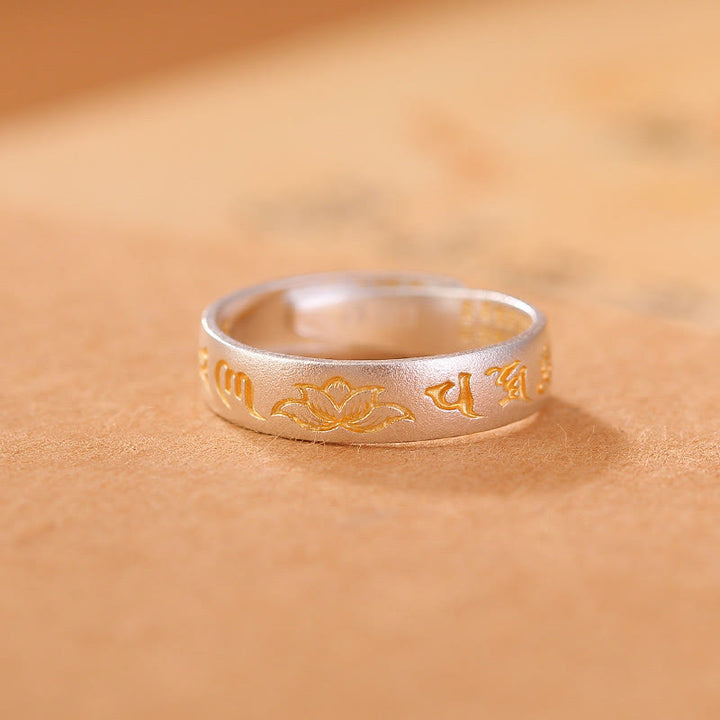 Anello regolabile dell'illuminazione Buddha Stones 999 Sterling Silver Lotus Six True Words 'om Mani Padme Hum'
