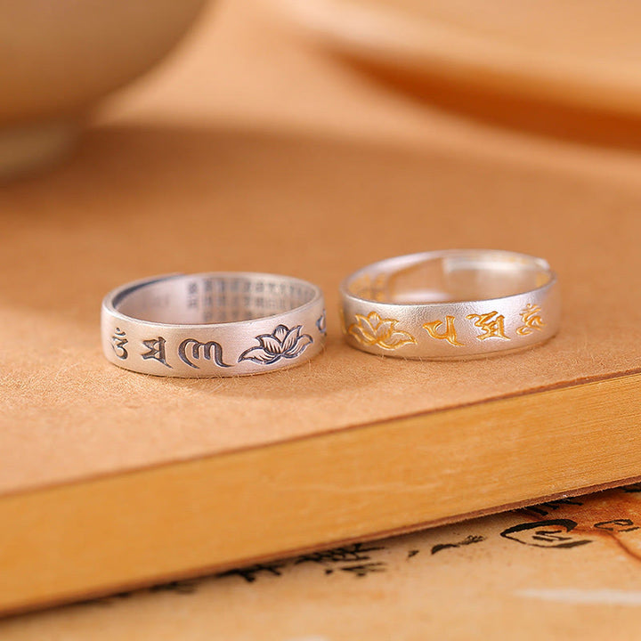 Anello regolabile dell'illuminazione Buddha Stones 999 Sterling Silver Lotus Six True Words 'om Mani Padme Hum'