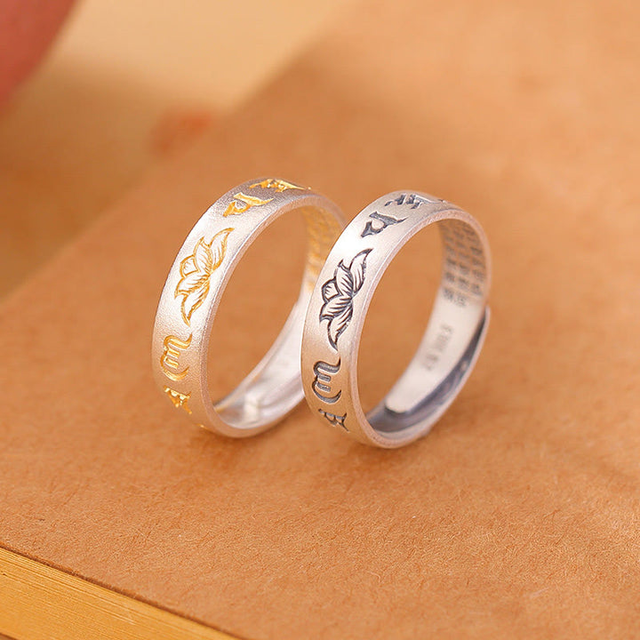 Anello regolabile dell'illuminazione Buddha Stones 999 Sterling Silver Lotus Six True Words 'om Mani Padme Hum'