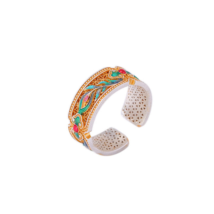 Anello regolabile con motivo a piuma in argento sterling 999 Buddha Stones smalto