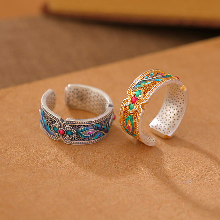 Anello regolabile con motivo a piuma in argento sterling 999 Buddha Stones smalto