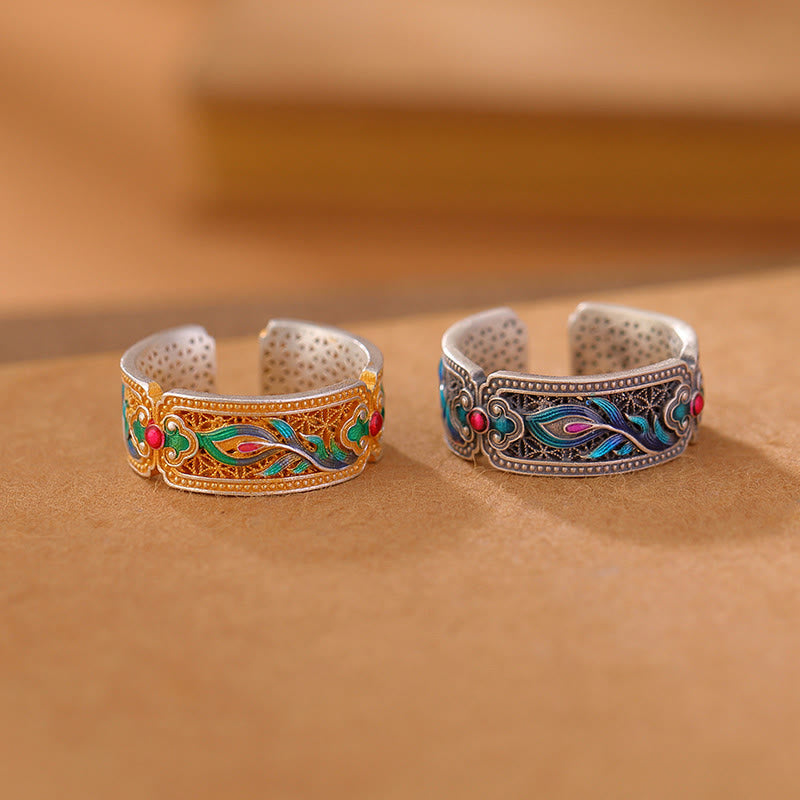 Anello regolabile con motivo a piuma in argento sterling 999 Buddha Stones smalto