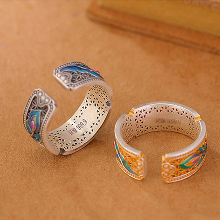Anello regolabile con motivo a piuma in argento sterling 999 Buddha Stones smalto