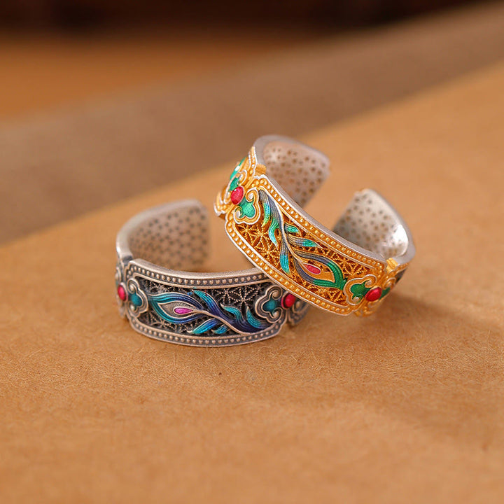Anello regolabile con motivo a piuma in argento sterling 999 Buddha Stones smalto