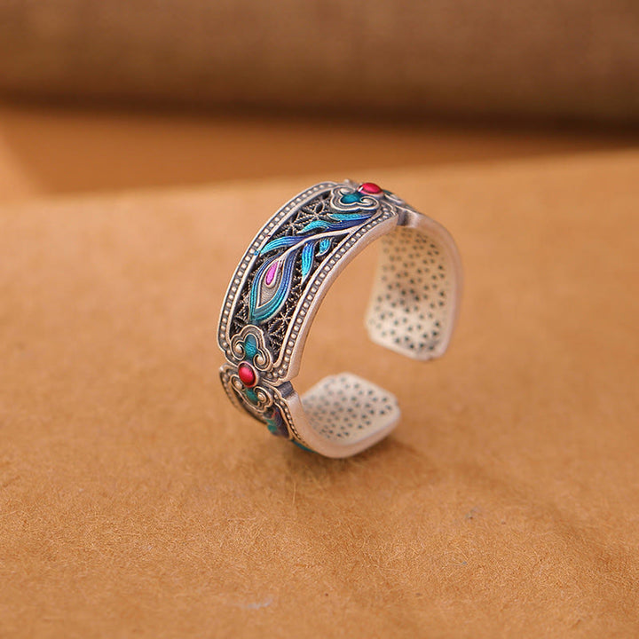 Anello regolabile con motivo a piuma in argento sterling 999 Buddha Stones smalto