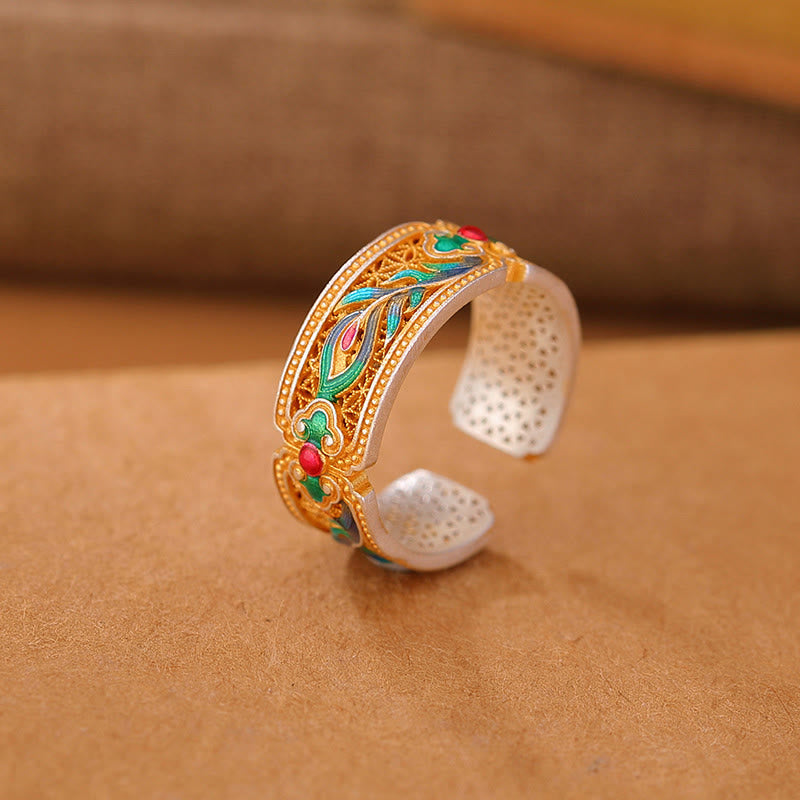Anello regolabile con motivo a piuma in argento sterling 999 Buddha Stones smalto