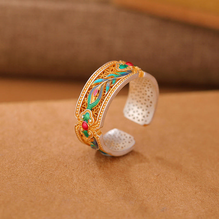 Anello regolabile con motivo a piuma in argento sterling 999 Buddha Stones smalto