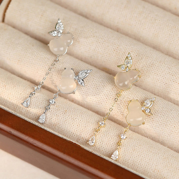 Orecchini a forma di zucca a farfalla in argento sterling 925 Buddha Stones , giada Hetian, magnolia, calcedonio