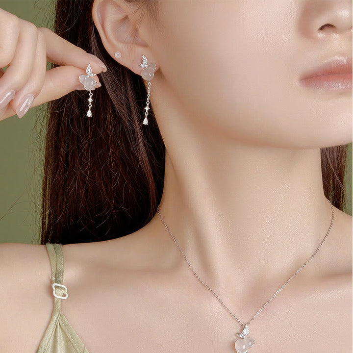 Orecchini a forma di zucca a farfalla in argento sterling 925 Buddha Stones , giada Hetian, magnolia, calcedonio