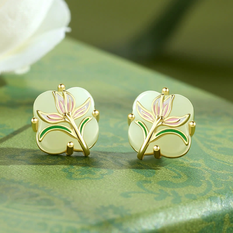 Orecchini a forma di zucca a farfalla in argento sterling 925 Buddha Stones , giada Hetian, magnolia, calcedonio