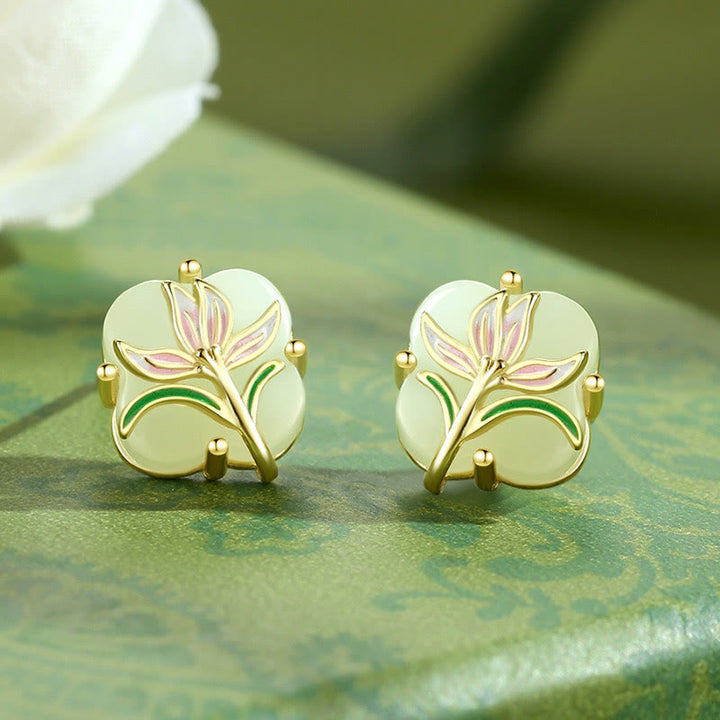 Orecchini a forma di zucca a farfalla in argento sterling 925 Buddha Stones , giada Hetian, magnolia, calcedonio