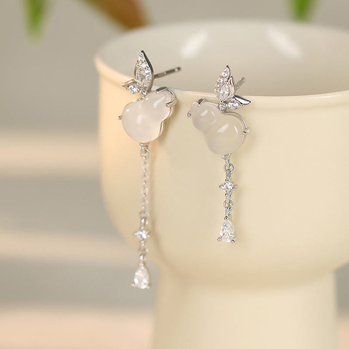 Orecchini a forma di zucca a farfalla in argento sterling 925 Buddha Stones , giada Hetian, magnolia, calcedonio