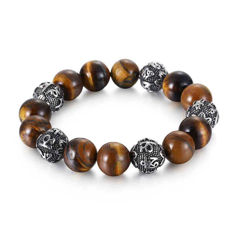 Buddha Stones Pietra lavica naturale Occhio di tigre Acciaio al titanio Braccialetto curativo Om Mani Padme Hum delle sei vere parole