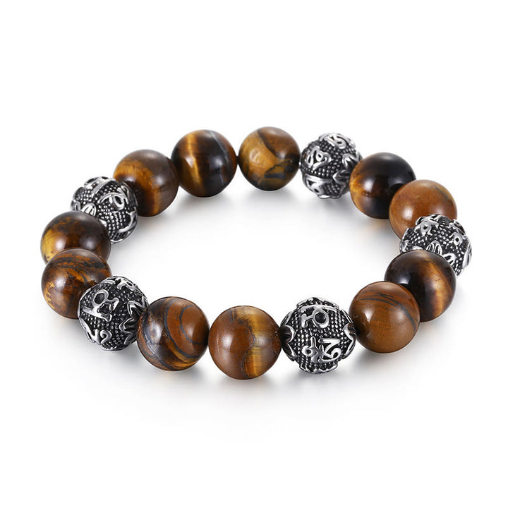 Buddha Stones Pietra lavica naturale Occhio di tigre Acciaio al titanio Braccialetto curativo Om Mani Padme Hum delle sei vere parole