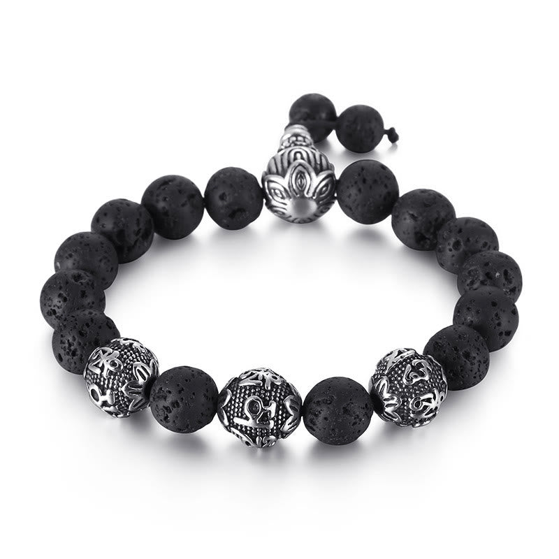 Buddha Stones Occhio di Tigre Naturale Roccia Lavica Ossidiana Nera Acciaio al Titanio Braccialetto di Protezione Om Mani Padme Hum delle Sei Vere Parole