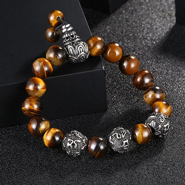 Buddha Stones Occhio di Tigre Naturale Roccia Lavica Ossidiana Nera Acciaio al Titanio Braccialetto di Protezione Om Mani Padme Hum delle Sei Vere Parole
