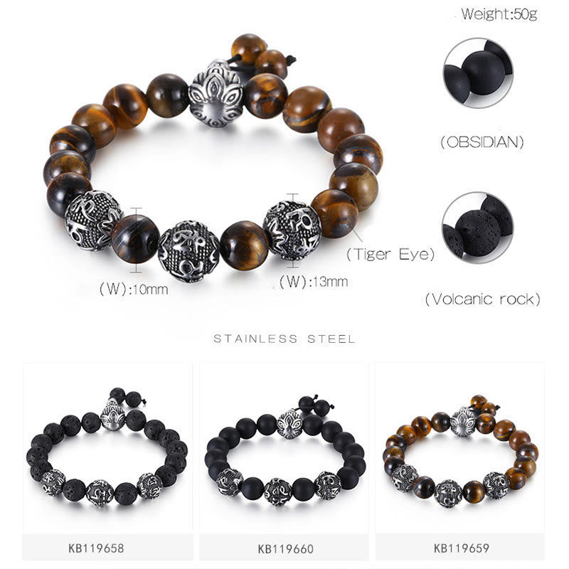 Buddha Stones Occhio di Tigre Naturale Roccia Lavica Ossidiana Nera Acciaio al Titanio Braccialetto di Protezione Om Mani Padme Hum delle Sei Vere Parole