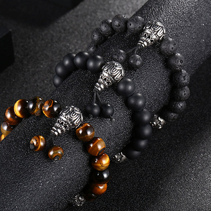 Buddha Stones Occhio di Tigre Naturale Roccia Lavica Ossidiana Nera Acciaio al Titanio Braccialetto di Protezione Om Mani Padme Hum delle Sei Vere Parole
