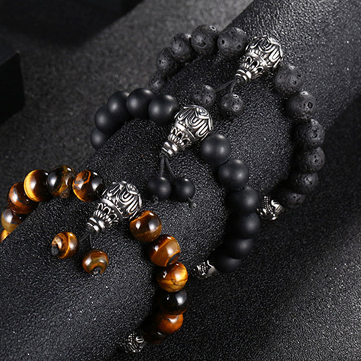 Buddha Stones Occhio di Tigre Naturale Roccia Lavica Ossidiana Nera Acciaio al Titanio Braccialetto di Protezione Om Mani Padme Hum delle Sei Vere Parole