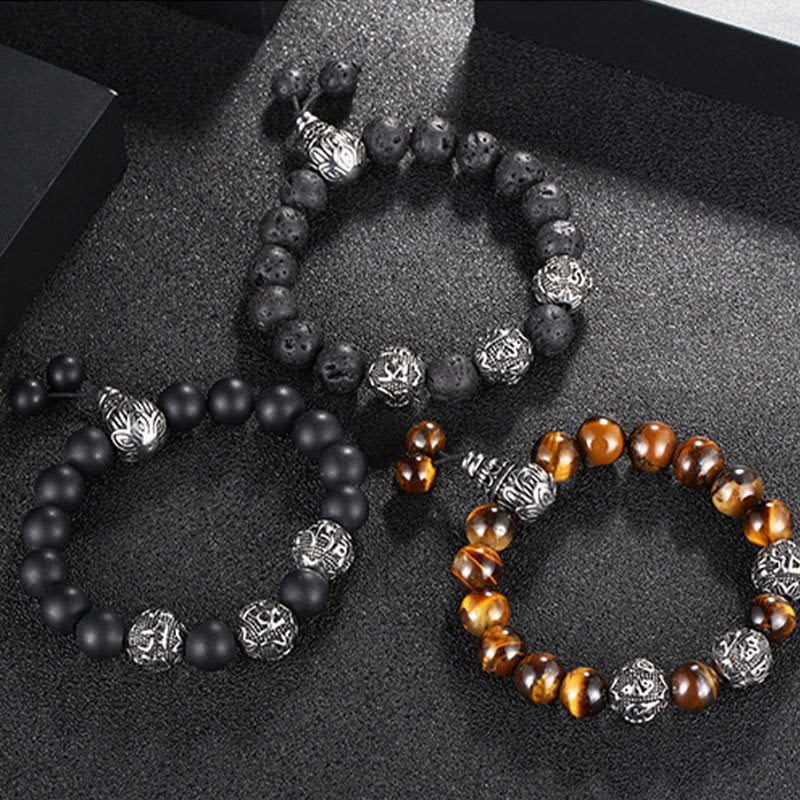 Buddha Stones Occhio di Tigre Naturale Roccia Lavica Ossidiana Nera Acciaio al Titanio Braccialetto di Protezione Om Mani Padme Hum delle Sei Vere Parole
